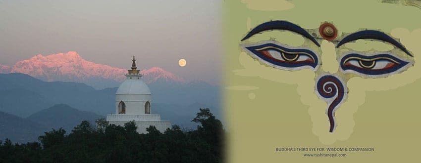 The World Peace Stupa at dusk with moonrise over the Himalaya